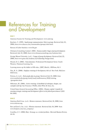 22 © 2009 Society for Human Resource Management. Myrna L. Gusdorf, MBA, SPHR
Unit 1
American Society for Training and Development: www.astd.org
Borchers, T. (1999). Small group communication: Roles in groups. Retrieved July 22,
2008, from www.abacon.com/commstudies/groups/roles.html.
Bureau of Labor Statistics: www.bls.gov
Chimaera Consulting Limited. (2001). Famous models: Stages of group development.
Retrieved, July 22, 2008, from www.chimaeraconsulting.com/tuckman.htm.
George Mason University. (n.d.). 5 stages of group development. Retrieved July 22,
2008, from www.gmu.edu/student/csl/leadership/5stages.html.
Housel, D. J. (2002). Team dynamics. Professional Development Series: South-
Western, Thomson Learning, Inc.
Learning moves up the ladder in HR value. (2007, March). HRFocus, 84, 3.
Noe, R. A. (2008). Employee training  development, 4th ed. New York: McGraw-
Hill Irwin.
Porteus, A. (n.d.). Roles people play in groups. Retrieved July 22, 2008, from
www.stanford.edu/group/resed/resed/staffresources/RM/training
/grouproles.html.
Silberman, M. (2006). Active training: A handbook of techniques, designs, case
examples and tips. San Francisco: Pfeiffer, John Wiley  Sons, Inc.
United States General Accounting Office. (2004). Human capital: A guide for
assessing strategic training and development efforts in the federal government. GAO-
04-546G.
Unit 2
American Red Cross. (n.d.). Mission statement. Retrieved July 18, 2008, from
www.redcross.org.
Ben and Jerry’s, Inc. (n.d.). Mission statement. Retrieved July 18, 2008 from
www.benjerry.com/our_company/.
Camillus, J. C. (2008, May). Strategy as a wicked problem. Harvard Business Review,
44-54.
References for Training
and Development
 
