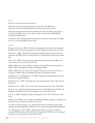 28 © 2009 Society for Human Resource Management. Myrna L. Gusdorf, MBA, SPHR
Unit 9
Rubrics for evaluating student presentations:
Assessment by oral presentation. Retrieved on September 18, 2008, from
http://serc.carleton.edu/NAGTWorkshops/assess/oralpresentations.html.
Rubric for assessment of oral communication skills (for team presentations). Retrieved on
September 18, 2008, from www.cse.ohio-state.edu/~neelam/abet/DIRASSMNT
/oralTeamPresRubric.html.
Presentation rubric: Evaluating student presentations. Retrieved on September 18, 2008,
from www.ncsu.edu/midlink/rub.pres.html.
Unit 10
Business Performance. (2008). Why measure training effectiveness? Retrieved September
03, 2008, from www.businessperform.com/html/evaluating_training_effectiven.html.
Chapman, A. (2007). Kirkpatrick’s learning and training evaluation theory. Retrieved
September 18, 2008, from www.businessballs.com/kirkpatricklearningevaluationmodel.
htm.
Clark, D. R. (2008). Instructional system design. Retrieved September 18, 2008, from
www.nwlink.com/~donclark/hrd/sat6.html.
IOMA. (2003, June). 5 Creative Ways to Measure Training’s Return-On-Investment. In
IOMA’s Report on Managing Training  Development, 03-06.
IOMA. (2005, February). How senior managers really want you to prove the value of
training. In IOMA’s Report on Managing Training  Development, 02-05.
Kirkpatrick, D. L.,  Kirkpatrick, J. D. (2006). Evaluating training programs: The four
levels. Barrett-Koehler Publishers.
Kirkpatrick, D. L. (2001). Developing supervisors and team leaders. Boston: Butterworth-
Heinemann.
Kirkpatrick, D. L. (1993). How to train and develop supervisors. New York: AMACOM.
Kruse, K. (n.d.). Evaluating E-learning: Introduction to the Kirkpatrick model. Retrieved
September 18, 2008, from www.e-learningguru.com/articles/art2_8.htm.
Noe, R. A. (2008). Employee training  development, 4th ed. New York: McGraw-Hill
Irwin.
Silberman, M. (2006). Active training: A handbook of techniques, designs, case examples and
tips. San Francisco: Pfeiffer, John Wiley  Sons, Inc.
U.S. Bureau of Labor Statistics. (n.d.). Determining return on investment in training and
education. Retrieved September 02, 2008, from www.careertools.org/pdf/AdvancedROI.pdf.
U.S. Department of Labor. (2007). Anthony Forest Products saves over $1 million by
investing $50,000 in safety and health. Retrieved September 07, 2008, from www.osha.gov
/dcsp/success_stories/sharp/ss_anthonyforest.html.
 