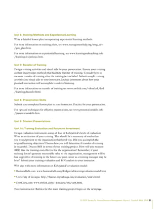 © 2009 Society for Human Resource Management. Myrna L. Gusdorf, MBA, SPHR 31
Unit 6: Training Methods and Experiential Learning
Write a detailed lesson plan incorporating experiential learning methods.
For more information on training plans, see www.managementhelp.org/trng_dev
/gen_plan.htm.
For more information on experiential learning, see www.learningandteaching.info
/learning/experience.htm.
Unit 7: Transfer of Training
Design training activities and visual aids for your presentation. Ensure your training
content incorporates methods that facilitate transfer of training. Consider how to
measure transfer of training after the training is concluded. Submit sample training
activities and visual aids to your instructor. Include comments about how your
planned instruction will accomplish transfer of training.
For more information on transfer of training see www.nwlink.com/~donclark/hrd
/learning/transfer.html.
Unit 8: Presentation Skills
Submit your completed lesson plan to your instructor. Practice for your presentation.
For tips and techniques for effective presentations, see www.presentationskills.info
/presentationskills.htm.
Unit 9: Student Presentations
Unit 10: Training Evaluation and Return on Investment
Design evaluation instruments using all four of Kirkpatrick’s levels of evaluation.
Write an evaluation of your training. This should be a summary of results that
you would present to the organization that hired you. Did you accomplish the
original learning objectives? Discuss how you will determine if transfer of training
is successful. Discuss ROI in terms of your training project. How will you measure
ROI? Was the training cost-effective for the organization? Remember, if your
training doesn’t generate measurable value to the organization, management will be
less supportive of training in the future and your career as a training manager may be
brief! Submit your training evaluation and ROI analysis to your instructor.
Web sites with more information on Kirkpatrick’s evaluation model:
BusinessBalls.com: www.businessballs.com/kirkpatricklearningevaluationmodel.htm
n
n
University of Georgia: http://fsjones.myweb.uga.edu/evaluation/index.html
n
n
DonClark.com: www.nwlink.com/~donclark/hrd/sat6.html.
n
n
Note to instructor: Rubrics for this team training project begin on the next page.
 