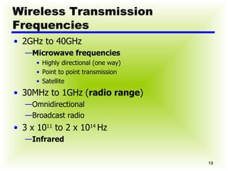 Wireless Transmission Frequencies 2GHz to 40GHz Microwave frequencies Highly directional (one way) Point to point transmission Satellite 30MHz to 1GHz ( radio range ) Omnidirectional Broadcast radio 3 x 10 11  to 2 x 10 14  Hz Infrared 