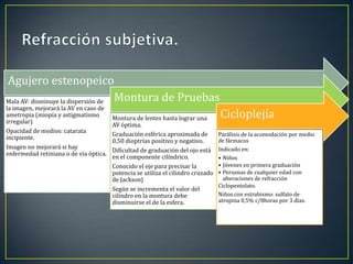 Agujero estenopeico
Mala AV: disminuye la dispersión de Montura de Pruebas
la imagen, mejorará la AV en caso de
ametropía (miopía y astigmatismo
irregular)
                                        Montura de lentes hasta lograr una        Cicloplejía
                                        AV óptima.
Opacidad de medios: catarata
                                        Graduación esférica aproximada de         Parálisis de la acomodación por medio
incipiente.
                                        0,50 dioptrías positivo y negativo.       de fármacos
Imagen no mejorará si hay                                                         Indicado en:
                                        Dificultad de graduación del ojo está
enfermedad retiniana o de vía óptica.
                                        en el componente cilíndrico.              • Niños
                                        Conocido el eje para precisar la          • Jóvenes en primera graduación
                                        potencia se utiliza el cilindro cruzado   • Personas de cualquier edad con
                                        de Jackson}                                 alteraciones de refracción
                                                                                  Ciclopentolato.
                                        Según se incrementa el valor del
                                        cilindro en la montura debe               Niños con estrabismo: sulfato de
                                        disminuirse el de la esfera.              atropina 0,5% c/8horas por 3 días.
 