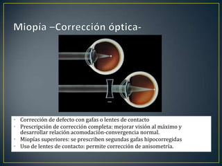 • Corrección de defecto con gafas o lentes de contacto
• Prescripción de corrección completa: mejorar visión al máximo y
  desarrollar relación acomodación-convergencia normal.
• Miopías superiores: se prescriben segundas gafas hipocorregidas
• Uso de lentes de contacto: permite corrección de anisometría.
 