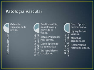Oclusión                                Perdida súbita,                              Disco óptico
                vascular de la                          no dolorosa y                                edematizado
                retina.                                 grave de la                                  Ingurgitación
                                                        visión.                                      venosa.




                                                                              Oclusión de rama
                                 central de la retina
                                 Oclusión de Arteria




                                                                            arterial de la retina.
GENERALIDADES




                                                        Estasis vascular:                            Manchas
                                                        rojo cereza.                                 algodonosas
                                                        Disco óptico no                              Hemorragias
                                                        se edematiza                                 retiniana difusa.
                                                        Tx: restablecer
                                                        circulación
 