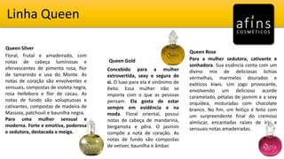 Linha Queen
Queen Silver
Queen Gold
Queen Rose
Floral, frutal e amadeirado, com
notas de cabeça luminosas e
efervescentes de pimenta rosa, flor
de tamarindo e uva do Monte. As
notas de coração são envolventes e
sensuais, compostas de violeta negra,
rosa Hellebora e flor de cacau. As
notas de fundo são voluptuosas e
cativantes, compostas de madeira de
Massoia, patchouli e baunilha negra.
Para uma mulher sensual e
moderna. Forte e emotiva, poderosa
e sedutora, destacada e meiga.
Concebido para a mulher
extrovertida, sexy e segura de
si. O luxo para ela é sinônimo de
êxito. Essa mulher não se
importa com o que as pessoas
pensam. Ela gosta de estar
sempre em evidência e na
moda. Floral oriental, possui
notas de cabeça de mandarina,
bergamota e pêra. O jasmim
compõe a nota de coração. As
notas de fundo são compostas
de vetiver, baunilha e âmbar.
Para a mulher sedutora, cativante e
sonhadora. Sua essência conta com um
divino mix de deliciosas lichias
vermelhas, marmelos dourados e
exóticos kiwis. Um jogo provocante,
envolvendo um delicioso acorde
caramelado, pétalas de jasmim e a sexy
orquídea, misturadas com chocolate
branco. No fim, um feitiço é feito com
um surpreendente final do cremoso
almíscar, encantadas raízes de íris e
sensuais notas amadeiradas.
 