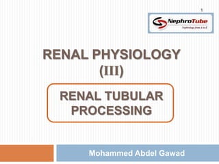 1




RENAL PHYSIOLOGY
       (III)
        m
 RENAL TUBULAR
  PROCESSING


     Mohammed Abdel Gawad
 
