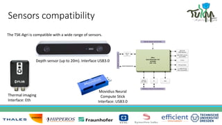 The TSK-Agri is compatible with a wide range of sensors.
Depth sensor (up to 20m). Interface USB3.0
Thermal imaging
Interface: Eth
Movidius Neural
Compute Stick
Interface: USB3.0
Sensors compatibility
 
