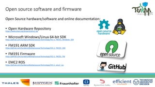 Open source software and firmware
Open Source hardware/software and online documentation:
• Open Hardware Repository
https://www.ohwr.org/projects/emc2-dp
• Microsoft Windows/Linux 64-bit SDK
https://github.com/SundanceMultiprocessorTechnology/VCS-1_FM191_Windows_SDK
• FM191 ARM SDK
https://github.com/SundanceMultiprocessorTechnology/VCS-1_FM191_SDK
• FM191 Firmware
https://github.com/SundanceMultiprocessorTechnology/VCS-1_FM191_FW
• EMC2 ROS
https://github.com/SundanceMultiprocessorTechnology/VCS-1_emc2_ros
 