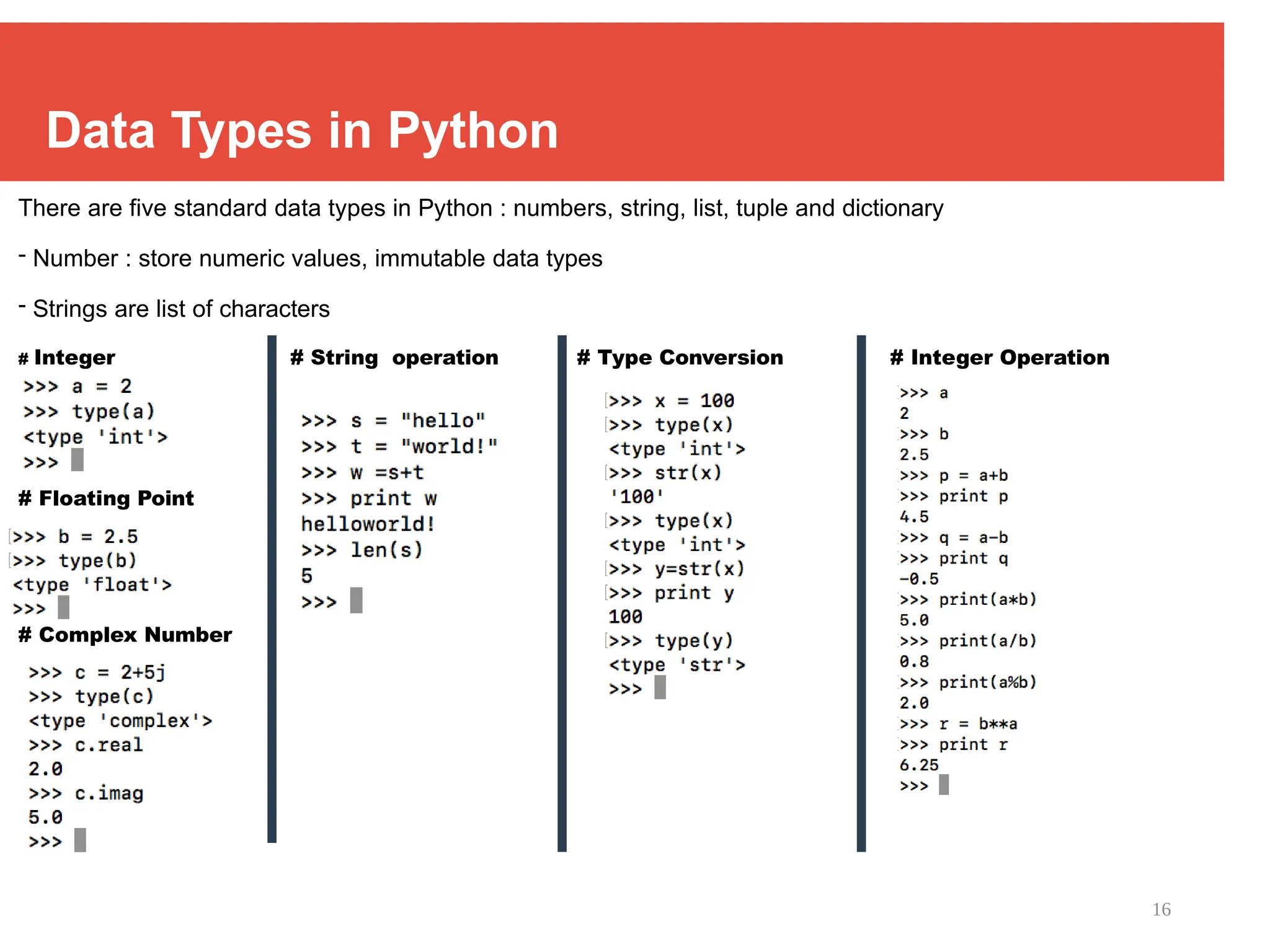 16
Data Types in Python
There are five standard data types in Python : numbers, string, list, tuple and dictionary
- Number : store numeric values, immutable data types
- Strings are list of characters
# Integer # String operation # Type Conversion # Integer Operation
# Floating Point
# Complex Number
 