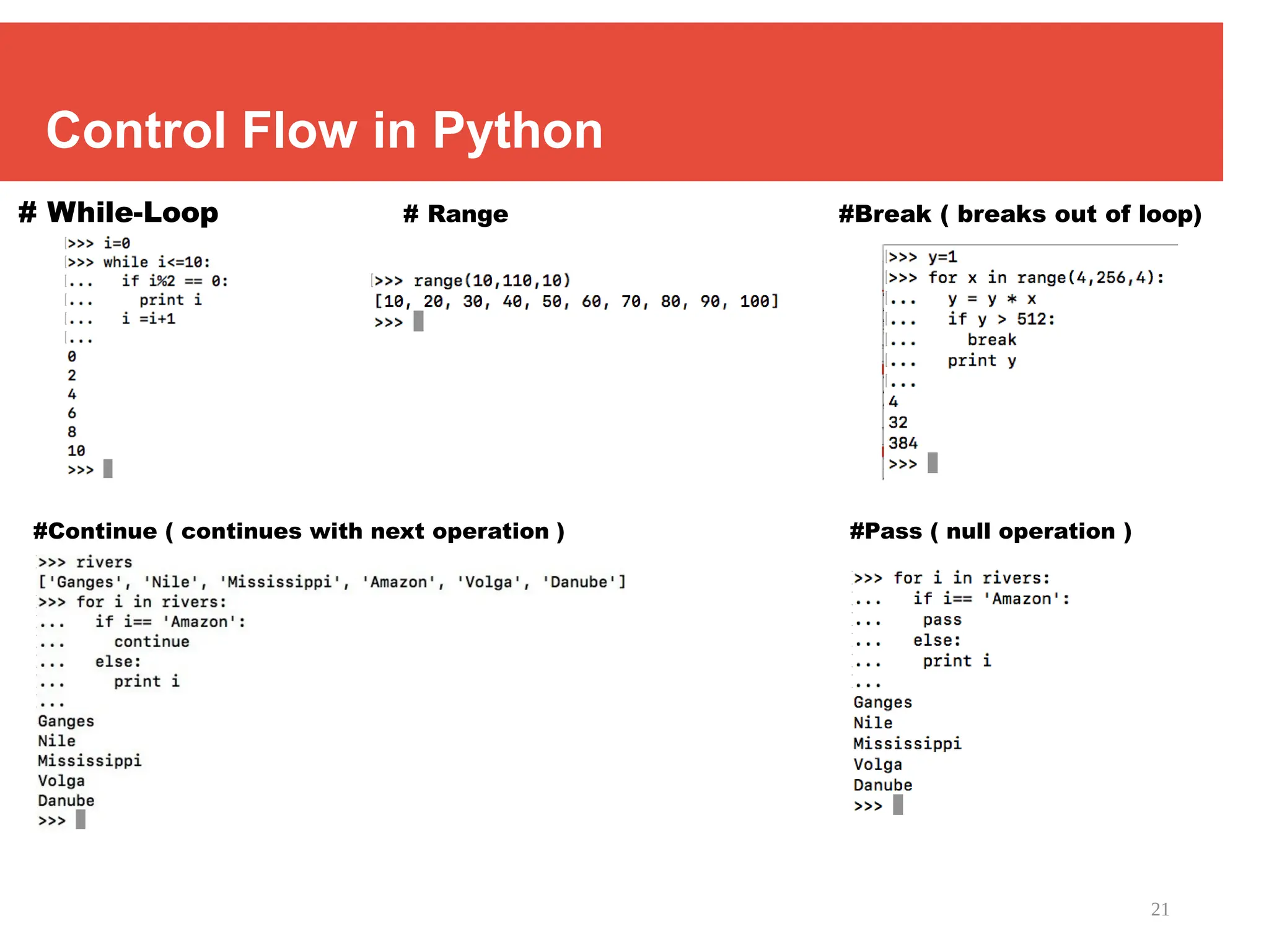 21
Control Flow in Python
# While-Loop # Range #Break ( breaks out of loop)
#Continue ( continues with next operation ) #Pass ( null operation )
 