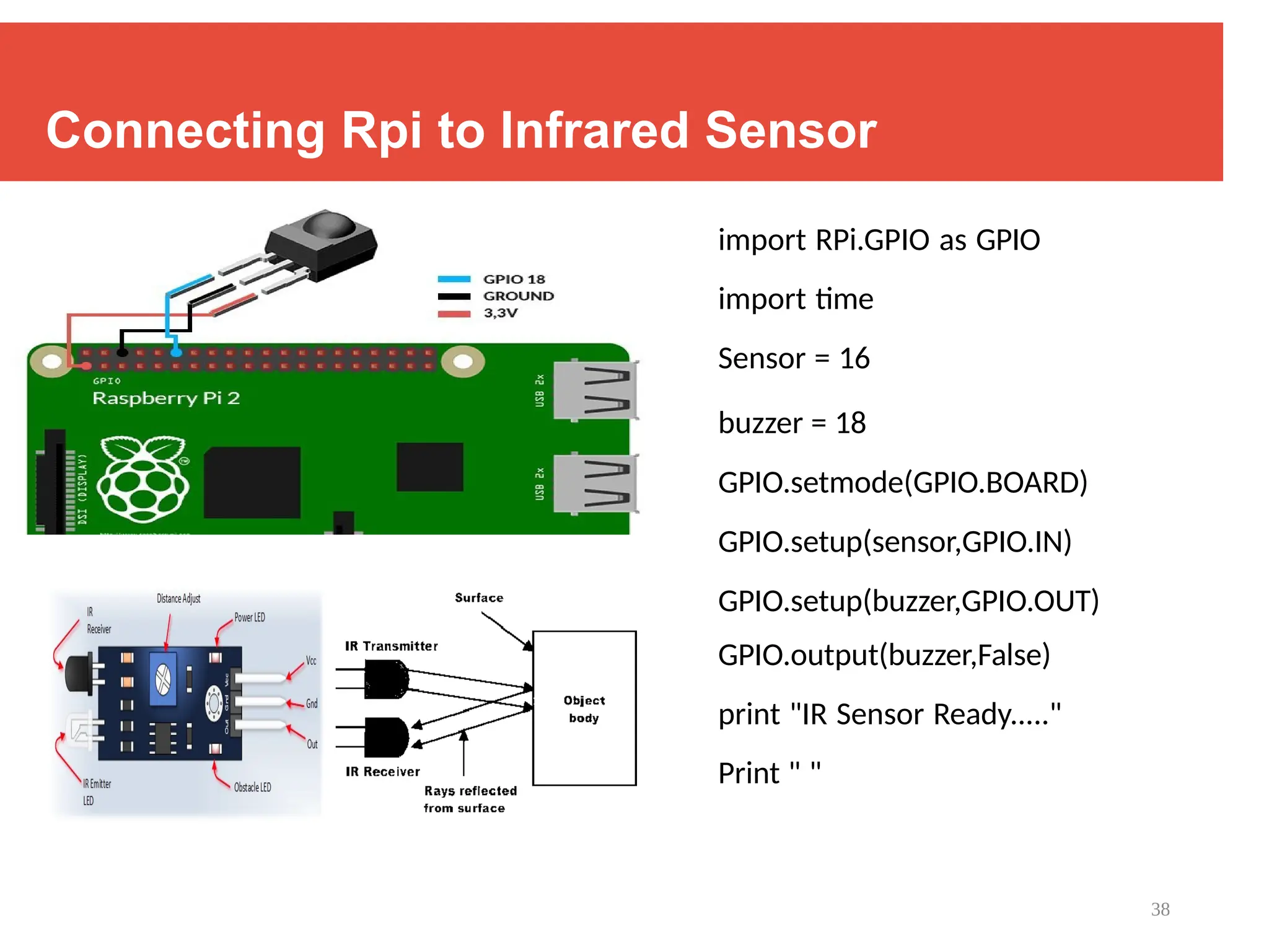 38
Connecting Rpi to Infrared Sensor
import RPi.GPIO as GPIO
import time
Sensor = 16
buzzer = 18
GPIO.setmode(GPIO.BOARD)
GPIO.setup(sensor,GPIO.IN)
GPIO.setup(buzzer,GPIO.OUT)
GPIO.output(buzzer,False)
print "IR Sensor Ready....."
Print " "
 