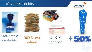 Why direct debits
Cash flow 
You decide !
300 % less
admin
6 – 9 X
cheaper
+
 