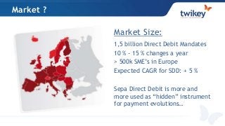 Market ?
Market Size:
1,5 billion Direct Debit Mandates
10 % - 15 % changes a year
> 500k SME’s in Europe
Expected CAGR for SDD: + 5 %
Sepa Direct Debit is more and
more used as “hidden” instrument
for payment evolutions…
 