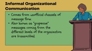 • Comes from unofficial channels of
message flow.
• Also known as “grapevine”
messages coming from the
different levels of the organization
are transmitted.
 