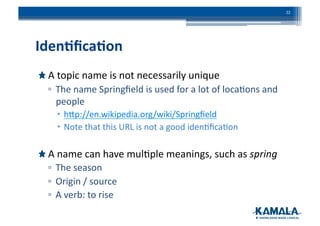 Iden4ﬁca4on	
  
!  A	
  topic	
  name	
  is	
  not	
  necessarily	
  unique	
  
▫ The	
  name	
  Springﬁeld	
  is	
  used	
  for	
  a	
  lot	
  of	
  loca3ons	
  and	
  
people	
  
 hbp://en.wikipedia.org/wiki/Springﬁeld	
  
 Note	
  that	
  this	
  URL	
  is	
  not	
  a	
  good	
  iden3ﬁca3on	
  
!  A	
  name	
  can	
  have	
  mul3ple	
  meanings,	
  such	
  as	
  spring	
  
▫ The	
  season	
  
▫ Origin	
  /	
  source	
  
▫ A	
  verb:	
  to	
  rise	
  
22	
  
 