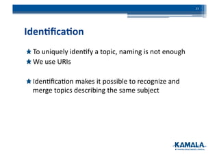 Iden4ﬁca4on	
  
!  To	
  uniquely	
  iden3fy	
  a	
  topic,	
  naming	
  is	
  not	
  enough	
  
!  We	
  use	
  URIs	
  	
  
!  Iden3ﬁca3on	
  makes	
  it	
  possible	
  to	
  recognize	
  and	
  
merge	
  topics	
  describing	
  the	
  same	
  subject	
  
23	
  
 