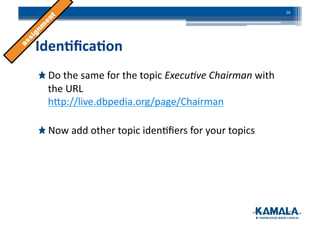 Iden4ﬁca4on	
  
!  Do	
  the	
  same	
  for	
  the	
  topic	
  Execu)ve	
  Chairman	
  with	
  
the	
  URL	
  
hbp://live.dbpedia.org/page/Chairman	
  
!  Now	
  add	
  other	
  topic	
  iden3ﬁers	
  for	
  your	
  topics	
  
26	
  
 