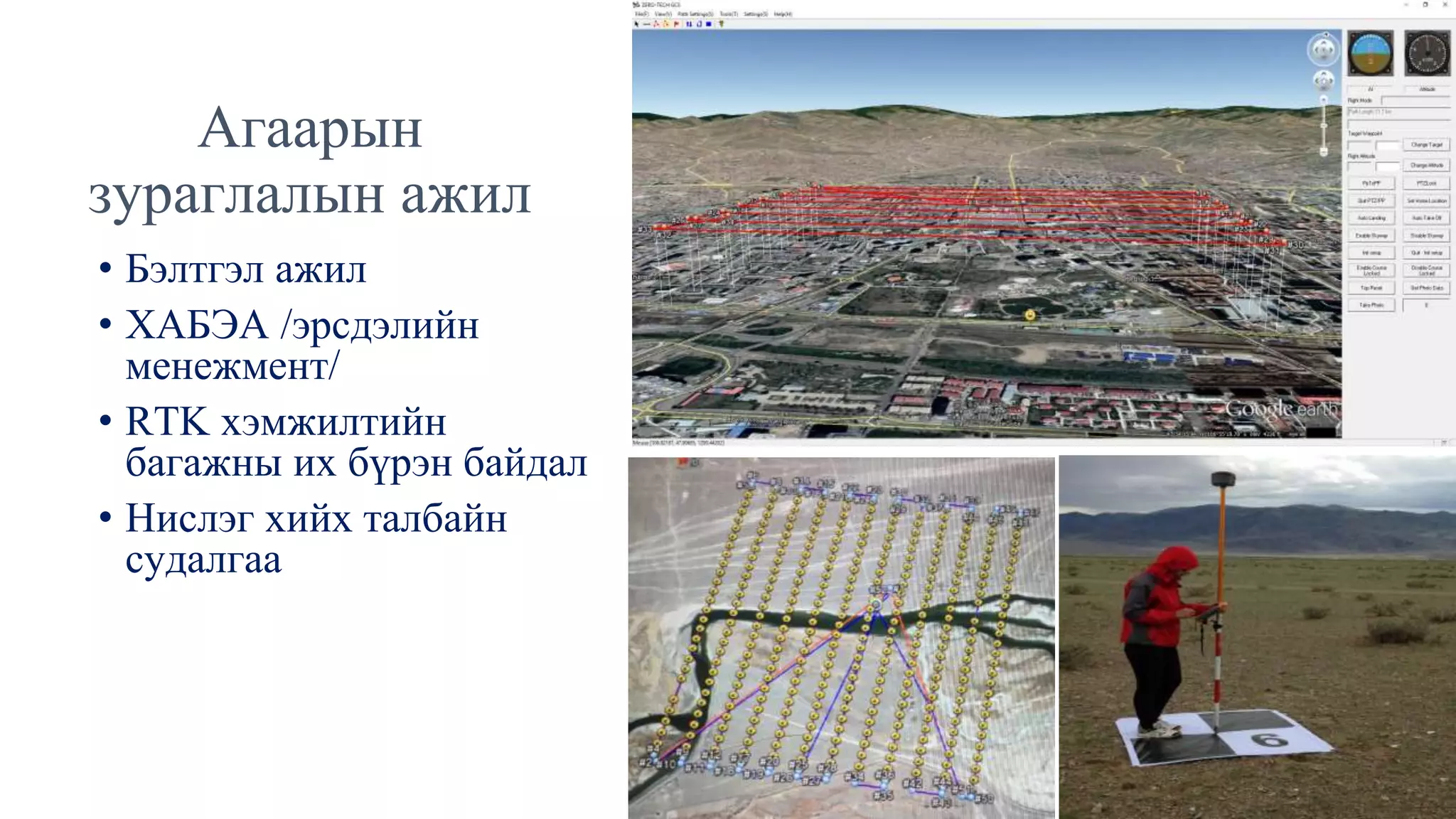 Агаарын
зураглалын ажил
• Бэлтгэл ажил
• ХАБЭА /эрсдэлийн
менежмент/
• RTK хэмжилтийн
багажны их бүрэн байдал
• Нислэг хийх талбайн
судалгаа
 