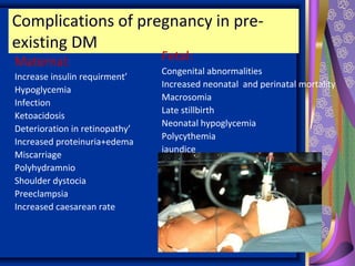 Complications of pregnancy in pre-
existing DM
Maternal:
Increase insulin requirment’
Hypoglycemia
Infection
Ketoacidosis
Deterioration in retinopathy’
Increased proteinuria+edema
Miscarriage
Polyhydramnio
Shoulder dystocia
Preeclampsia
Increased caesarean rate
Fetal:
Congenital abnormalities
Increased neonatal and perinatal mortality
Macrosomia
Late stillbirth
Neonatal hypoglycemia
Polycythemia
jaundice
 