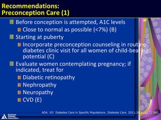 Before conception is attempted, A1C levels
Close to normal as possible (<7%) (B)
Starting at puberty
Incorporate preconception counseling in routine
diabetes clinic visit for all women of child-bearing
potential (C)
Evaluate women contemplating pregnancy; if
indicated, treat for
Diabetic retinopathy
Nephropathy
Neuropathy
CVD (E)
Recommendations:
Preconception Care (1)
ADA. VII. Diabetes Care in Specific Populations. Diabetes Care. 2011;34(suppl 1):S41.
 