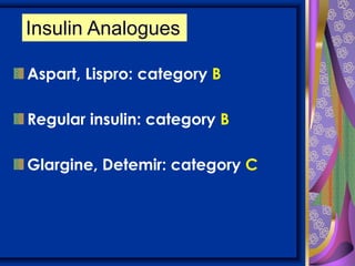 Aspart, Lispro: category B
Regular insulin: category B
Glargine, Detemir: category C
Insulin Analogues
 