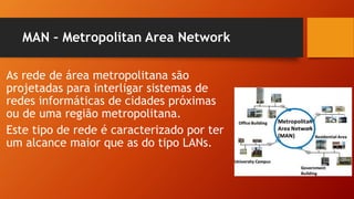 MAN – Metropolitan Area Network
As rede de área metropolitana são
projetadas para interligar sistemas de
redes informáticas de cidades próximas
ou de uma região metropolitana.
Este tipo de rede é caracterizado por ter
um alcance maior que as do tipo LANs.
 
