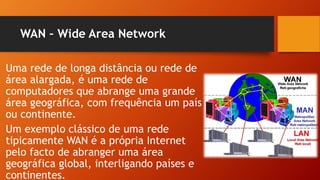 WAN – Wide Area Network
Uma rede de longa distância ou rede de
área alargada, é uma rede de
computadores que abrange uma grande
área geográfica, com frequência um país
ou continente.
Um exemplo clássico de uma rede
tipicamente WAN é a própria Internet
pelo facto de abranger uma área
geográfica global, interligando países e
continentes.
 