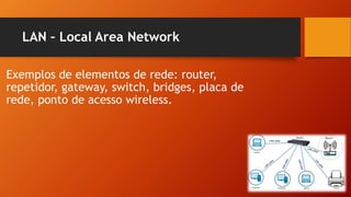 LAN – Local Area Network
Exemplos de elementos de rede: router,
repetidor, gateway, switch, bridges, placa de
rede, ponto de acesso wireless.
 