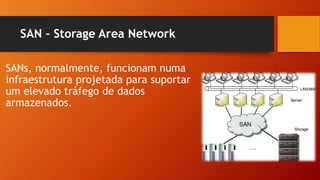SAN – Storage Area Network
SANs, normalmente, funcionam numa
infraestrutura projetada para suportar
um elevado tráfego de dados
armazenados.
 