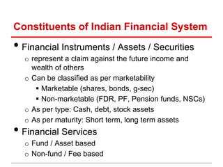 Constituents of Indian Financial System
• Financial Instruments / Assets / Securities
  o represent a claim against the future income and
    wealth of others
  o Can be classified as per marketability
      Marketable (shares, bonds, g-sec)
      Non-marketable (FDR, PF, Pension funds, NSCs)
  o As per type: Cash, debt, stock assets
  o As per maturity: Short term, long term assets
• Financial Services
  o Fund / Asset based
  o Non-fund / Fee based
 