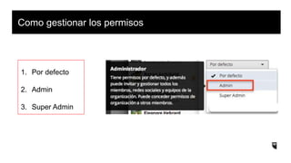 Como gestionar los permisos
1. Por defecto
2. Admin
3. Super Admin
 
