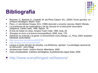 Bibliografia Monereo, C.; Barberá, E.; Castelló, M. eta Pérez Cabaní, M.L. (2000)  Tomar apuntes: un enfoque estratégico , Madril, Visor. Pozo, J.I. eta Gómez Crespo, M.A. (1998)  Aprender y enseñar ciencias . Madril: Morata. La enseñanza de las matemáticas y de las ciencias en la educación secundaria obligatoria , Carles Lladó, 1996, Signos, 16. El arte de hablar en clase , Amparo Tusón Valls, 1994, Aula, 26 Sinergias en torno a la lectura  (monografikoa), 2008, Aula, 179. Hablando se entiende a la gente: el conocimiento como diálogo,  J.I., Pozo, 2004, Ikastolen Elkarteak Jardunaldiak http://www.xtec.es/centres/a8052785/ http://antalya.uab.es/ice/sanmarti/ Lengua a través del plan de estudios. Los Británicos  ejemplo: “La estrategia nacional de la instrucción”, Jonn Clegg Jendeaurrean hizlari, Joxerra Garzia, Alberdania, 2008 Testu antolatzaileak, erabilera estrategikoa, Euskaltzaindia-Jagon Saila, 2008 http:// www.everythingesl.net /lessons/ 