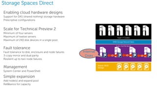 13
Storage Spaces Direct
Scale for Technical Preview 2
Minimum of four servers
Maximum of twelve servers
Maximum of 240 disk devices in a single pool
Simple expansion
Add node(s) and expand pool
Rebalance for capacity
Scale-OutFile Server
Hyper-V Clusters
SMB3 StorageNetworkFabric
Shared JBOD
Storage
Internal
Disks
 