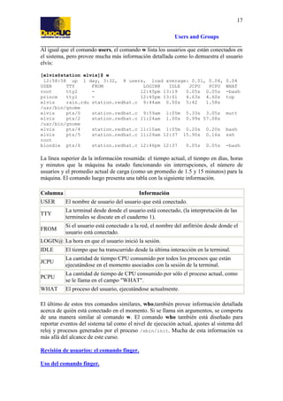 17
Users and Groups
Al igual que el comando users, el comando w lista los usuarios que están conectados en
el sistema, pero provee mucha más información detallada como lo demuestra el usuario
elvis:
[elvis@station elvis]$ w
12:58:58 up 1 day, 3:32, 8 users, load average: 0.01, 0.04,
USER
TTY
FROM
LOGIN@
IDLE
JCPU
PCPU
root
tty2
12:45pm 13:19
0.05s 0.05s
prince
tty1
12:45pm 13:01
4.63s 4.60s
elvis
rain.rdu station.redhat.c 9:44am 0.00s 5:42
1.58s
/usr/bin/gnome
elvis
pts/0
station.redhat.c 9:59am 1:05m 5.33s 3.05s
elvis
pts/2
station.redhat.c 11:24am 1.00s 0.99s 57.08s
/usr/bin/gnome
elvis
pts/4
station.redhat.c 11:10am 1:05m 0.20s 0.20s
elvis
pts/5
station.redhat.c 11:29am 12:37 15.90s 0.16s
root
blondie pts/6
station.redhat.c 12:46pm 12:37
0.05s 0.05s

0.04
WHAT
-bash
top

mutt

bash
ssh
-bash

La línea superior da la información resumida: el tiempo actual, el tiempo en días, horas
y minutos que la máquina ha estado funcionando sin interrupciones, el número de
usuarios y el promedio actual de carga (como un promedio de 1.5 y 15 minutos) para la
máquina. El comando luego presenta una tabla con la siguiente información.
Columna

Información

USER

El nombre de usuario del usuario que está conectado.

TTY

La terminal desde donde el usuario está conectado, (la interpretación de las
terminales se discute en el cuaderno 1).

FROM

Si el usuario está conectado a la red, el nombre del anfitrión desde donde el
usuario está conectado.

LOGIN@ La hora en que el usuario inició la sesión.
IDLE

El tiempo que ha transcurrido desde la última interacción en la terminal.

JCPU

La cantidad de tiempo CPU consumido por todos los procesos que están
ejecutándose en el momento asociados con la sesión de la terminal.

PCPU

La cantidad de tiempo de CPU consumido por sólo el proceso actual, como
se le llama en el campo "WHAT".

WHAT

El proceso del usuario, ejecutándose actualmente.

El último de estos tres comandos similares, who,también provee información detallada
acerca de quién está conectado en el momento. Si se llama sin argumentos, se comporta
de una manera similar al comando w. El comando who también está diseñado para
reportar eventos del sistema tal como el nivel de ejecución actual, ajustes al sistema del
reloj y procesos generados por el proceso /sbin/init. Mucha de esta información va
más allá del alcance de este curso.
Revisión de usuarios: el comando finger.
Uso del comando finger.

 