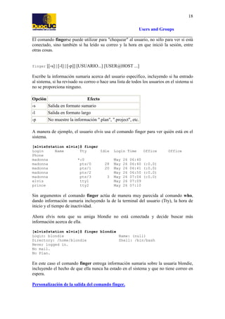 18
Users and Groups
El comando fingerse puede utilizar para "chequear" al usuario, no sólo para ver si está
conectado, sino también si ha leído su correo y la hora en que inició la sesión, entre
otras cosas.

finger

[[-s] | [-l] | [-p]] [USUARIO...] [USER@HOST ...]

Escribe la información sumaria acerca del usuario específico, incluyendo si ha entrado
al sistema, si ha revisado su correo o hace una lista de todos los usuarios en el sistema si
no se proporciona ninguno.
Opción

Efecto

-s

Salida en formato sumario

-l

Salida en formato largo

-p

No muestre la información ".plan", ".project", etc.

A manera de ejemplo, el usuario elvis usa el comando finger para ver quién está en el
sistema.
[elvis@station elvis]$ finger
Login
Name
Tty
Idle
Phone
madonna
*:0
madonna
pts/0
28
madonna
pts/1
20
madonna
pts/2
madonna
pts/3
3
elvis
tty1
prince
tty2

Login Time
May
May
May
May
May
May
May

26
26
26
26
26
26
26

06:40
06:40
06:41
06:50
07:04
07:09
07:10

Office

Office

(:0.0)
(:0.0)
(:0.0)
(:0.0)

Sin argumentos el comando finger actúa de manera muy parecida al comando who,
dando información sumaria incluyendo la de la terminal del usuario (Tty), la hora de
inicio y el tiempo de inactividad.
Ahora elvis nota que su amiga blondie no está conectada y decide buscar más
información acerca de ella.
[elvis@station elvis]$ finger blondie
Login: blondie
Name: (null)
Directory: /home/blondie
Shell: /bin/bash
Never logged in.
No mail.
No Plan.

En este caso el comando finger entrega información sumaria sobre la usuaria blondie,
incluyendo el hecho de que ella nunca ha estado en el sistema y que no tiene correo en
espera.
Personalización de la salida del comando finger.

 