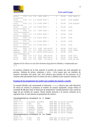 6
Users and Groups
elvis
3739 0.4
ac-activat
elvis
3742 0.5
--oaf-acti
elvis
3746 0.3
moniker-xm
elvis
3753 1.0
evolution-mail -elvis
3755 0.0
/usr/bin/gconfd-1
elvis
3762 0.6
evolution-address
elvis
3766 0.5
evolution-calenda
elvis
3771 0.5
evolution-alarm-n
elvis
3773 0.6
evolution-executi
root
3785 0.0
madonna
3788 0.1
madonna
3822 11.4
/usr/lib/mozillaroot
3852 0.0
elvis
3855 0.6
elvis
3891 0.0

0.8

5664 2260 ?

S

05:46

0:00 oafd --

2.3 22548 6100 ?

S

05:46

0:00 wombat

1.6 11296 4288 ?

S

05:46

0:00 bonobo-

3.4 57400 8916 ?

S

05:46

0:00

0.5

3260 1440 ?

S

05:46

0:00

2.5 23052 6628 ?

S

05:46

0:00

2.5 23516 6560 ?

S

05:46

0:00

2.2 21336 5860 ?

S

05:46

0:00

2.3 21740 6104 ?

S

05:46

0:00

0.3 4108 948 pts/3
0.5 4308 1412 pts/3
8.7 89140 22320 pts/3

S
S
S

05:46
05:46
05:46

0:00 [su]
0:00 -bash
0:05

0.3
0.5
0.2

S
S
R

05:47
05:47
05:47

0:00 [su]
0:00 -bash
0:00 ps aux

4112 968 pts/2
4304 1392 pts/2
2668 716 pts/2

Algunas de las líneas en esta lista bastante larga fueron editadas y remplazadas por
"...".
La primera columna de la lista muestra el nombre de usuario que está operando un
proceso. Además de prince, madonna y elvis, - elvis asume que son nombres de
usuarios asociados con gente real, elvis observa que muchos de los procesos en el
sistema están ejecutando como el usuario de root y también como usuarios smmsp y xfs.
Examen de los propietarios de archivo por nombre de usuario y userid.
La usuaria blondie está examinando el directorio /home y observa que cada directorio
de inicio de usuario le pertenece al nombre de usuario apropiado. Luego utiliza el
comando ls -ln para listar el directorio de propietarios "numéricamente"o por userid en
lugar de por nombre de usuario. Preste mucha atención a la tercera columna en la
siguiente lista, la cual muestra un propietario de archivo.
[blondie@station blondie]$ ls -l /home/
total 48
drwx-----4 blondie blondie
4096
drwx-----4 doc
doc
4096
drwx-----4 elvis
elvis
4096
drwx-----4 grumpy
grumpy
4096
drwx-----4 madonna madonna
4096
drwx-----4 prince
prince
4096
drwx-----4 sleepy
sleepy
4096
[blondie@station blondie]$ ls -ln /home/
total 48
drwx-----4 505
505
4096
drwx-----4 510
510
4096

May
May
May
May
May
May
May

14
14
14
14
14
14
14

06:35
06:32
06:31
06:32
06:31
06:31
06:32

blondie
doc
elvis
grumpy
madonna
prince
sleepy

May 14 06:35 blondie
May 14 06:32 doc

 