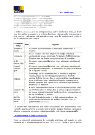 2
Users and Groups
elvis:x:501:501::/home/elvis:/bin/bash
prince:x:502:502::/home/prince:/bin/bash
madonna:x:504:504::/hom...