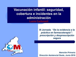 Vacunación infantil: seguridad,
cobertura e incidentes en la
administración
Lucia Carbonell
III Jornada “De la evidencia a la
práctica en farmacoterapia”:
prescripción y desprescripción
segura
Atención Primaria
Dirección Asistencial Oeste, Junio 2016
 