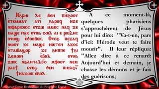 Chœur Copte Orthodoxe du Prophète David
A ce moment-là,
quelques pharisiens
s'approchèrent de Jésus
pour lui dire: "Va-t-en, pars
d'ici: Hérode veut te faire
mourir". Il leur répliqua:
"Allez dire à ce renard:
Aujourd'hui et demain, je
chasse les démons et je fais
des guérisons;
`N`hryi de qen pi`ehoou
`ete`mmau au`i harof `nje
nivariceoc eujw `mmoc naf je
mase nak ouoh hwl ai e rwdyc
ouws `eqo;bek. Ouoh pejaf
nwou je mase nwten `ajoc
`ntaibasor je hyppe ]hi
demwn `ebol ouoh
jwk `nhantal[o mvoou nem
rac] ouoh qen pimah=g
]najwk `ebol.
3ème
 