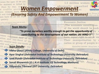 Team Details:
Vibha Ghavri (Hindu College, University of Delhi)
Apar Singhal (Dehradun Institute of Technology University, Dehradun)
Jyoti Pundir (Dehradun Institute of Technology University, Dehradun)
Sonali Bhowmick (G.L.N.A Institute Of Technology, Mathura)
Dibyanshu Tibrewal (DIT University, Dehradun)
Women Empowerment
(Ensuring Safety And Empowerment To Women)
Team Motto:
“To prove ourselves worthy enough to get the opportunity of
contributing to the development of our nation. JAI HIND !!”
 