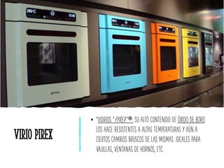 Virio pirex
• *VIDRIOS “PYREX” : SU ALTO CONTENIDO DE ÓXIDO DE BORO
LOS HACE RESISTENTES A ALTAS TEMPERATURAS Y AÚN A
CIERTOS CAMBIOS BRUSCOS DE LAS MISMAS. IDEALES PARA
VAJILLAS, VENTANAS DE HORNOS, ETC.
 