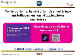 Contribution à la sélection des matériaux métalliques en vue d’applications nucléaires Institut Jean Lamour - Equipe 206 Institut Jean Lamour - UMR 7198 12 Novembre 2009 Bure 
