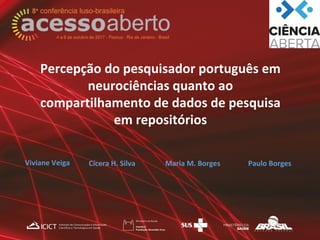 Percepção do pesquisador português em
neurociências quanto ao
compartilhamento de dados de pesquisa
em repositórios
Viviane Veiga Cícera H. Silva Maria M. Borges Paulo Borges
 