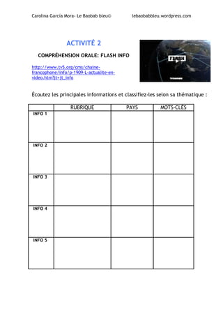 Carolina García Mora- Le Baobab bleu© lebaobabbleu.wordpress.com
ACTIVITÉ 2
COMPRÉHENSION ORALE: FLASH INFO
http://www.tv5.org/cms/chaine-
francophone/info/p-1909-L-actualite-en-
video.htm?jt=jt_info
Écoutez les principales informations et classifiez-les selon sa thématique :
RUBRIQUE PAYS MOTS-CLÉS
INFO 1
INFO 2
INFO 3
INFO 4
INFO 5
 