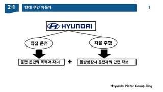 현대 무인 자동차2-1 1
직접 운젂
운젂 본연의 목적과 재미 + 돌발상황시 운젂자의 앆젂 확보
*Hyundai Motor Group Blog
자율 주행
 