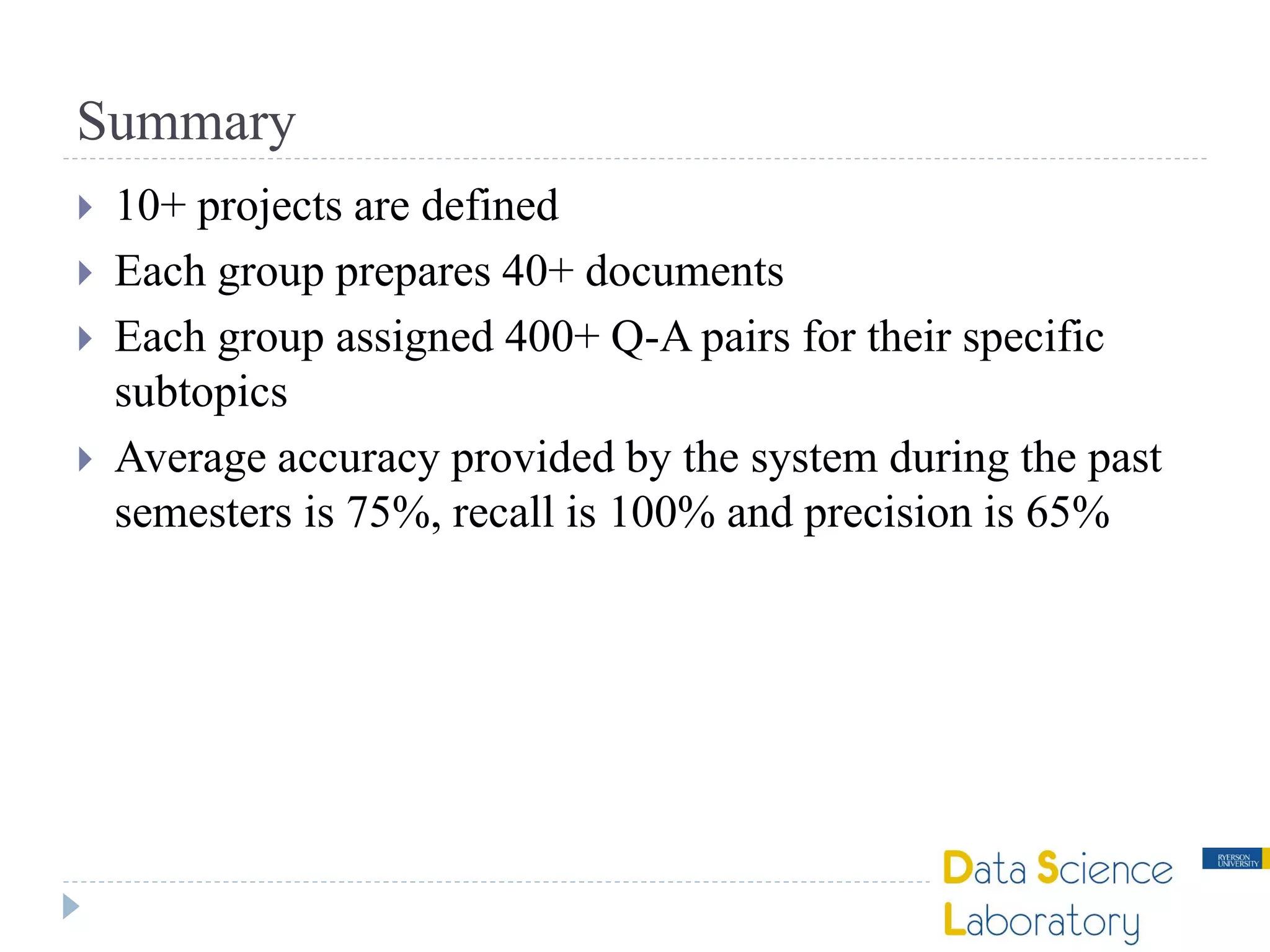 Summary
 10+ projects are defined
 Each group prepares 40+ documents
 Each group assigned 400+ Q-A pairs for their specific
subtopics
 Average accuracy provided by the system during the past
semesters is 75%, recall is 100% and precision is 65%
 