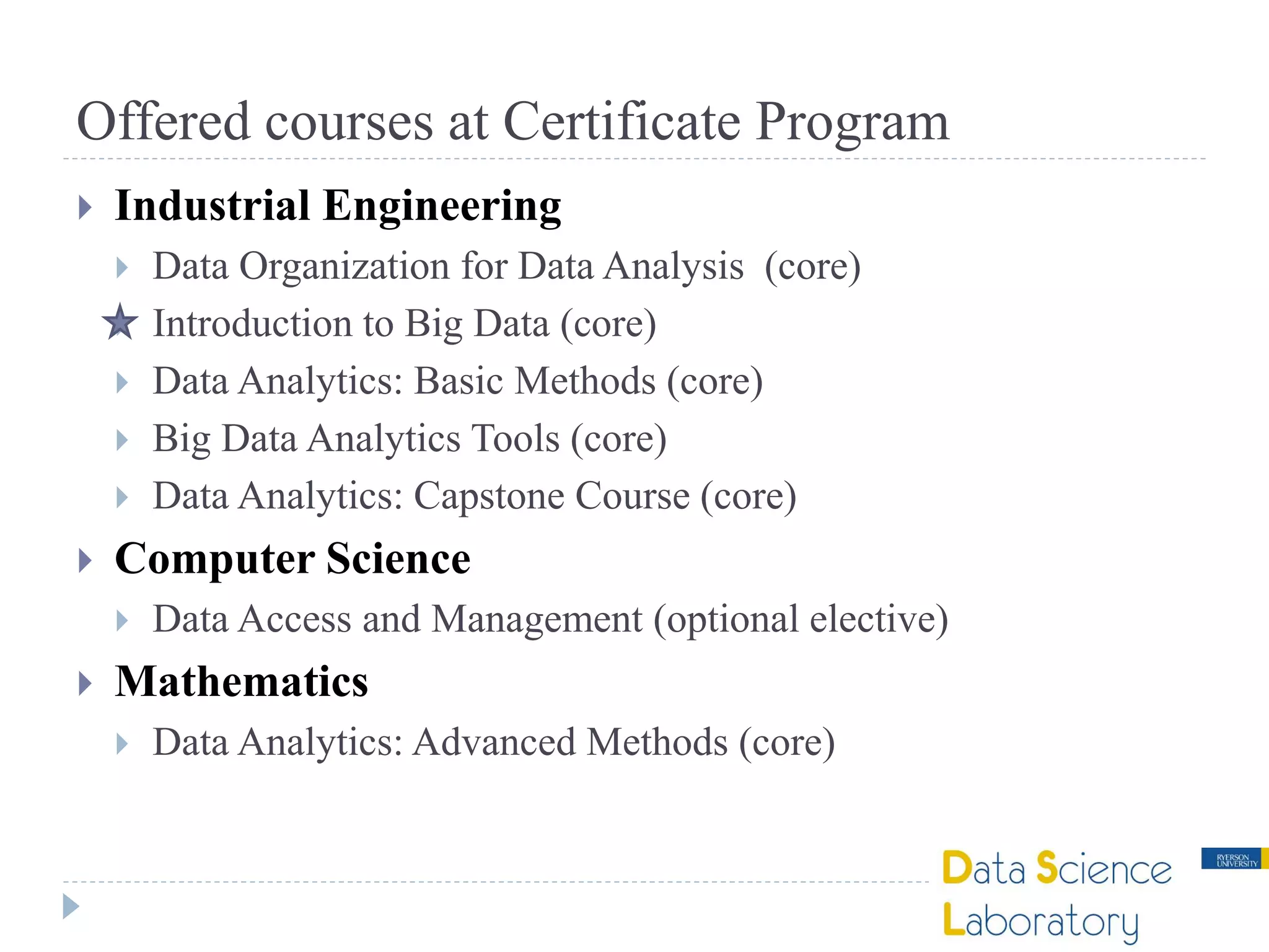 Offered courses at Certificate Program
 Industrial Engineering
 Data Organization for Data Analysis (core)
 Introduction to Big Data (core)
 Data Analytics: Basic Methods (core)
 Big Data Analytics Tools (core)
 Data Analytics: Capstone Course (core)
 Computer Science
 Data Access and Management (optional elective)
 Mathematics
 Data Analytics: Advanced Methods (core)
 