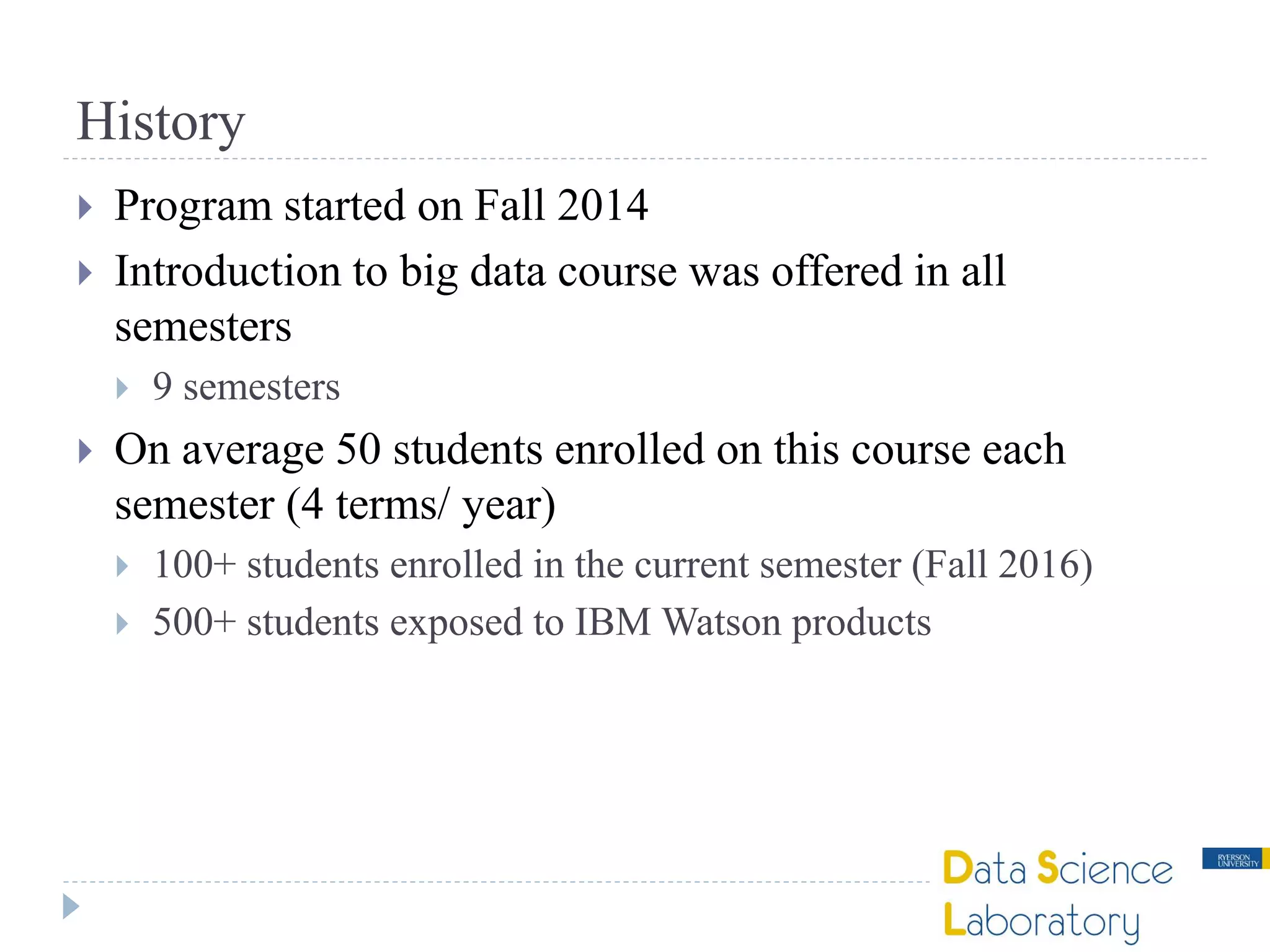 History
 Program started on Fall 2014
 Introduction to big data course was offered in all
semesters
 9 semesters
 On average 50 students enrolled on this course each
semester (4 terms/ year)
 100+ students enrolled in the current semester (Fall 2016)
 500+ students exposed to IBM Watson products
 