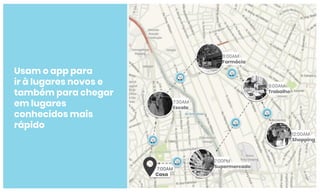 7:00AM..
Casa..
7:30AM
Escola
8:00AM
Farmácia
9:00AM
Trabalho
7:00PM
Supermercado
12:00AM
Shopping
Usam o app para
ir à lugares novos e
também para chegar
em lugares
conhecidos mais
rápido
 