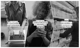 Por mais que
o consumidor
seja conectado,
96%
das vendas no
BR acontecem em
lojas físicas
Por mais que
o online influencie
suas decisões de
compra,
Fonte: Forrester Data Custom Web-Influenced and Online Retail Forecast, 2018
 