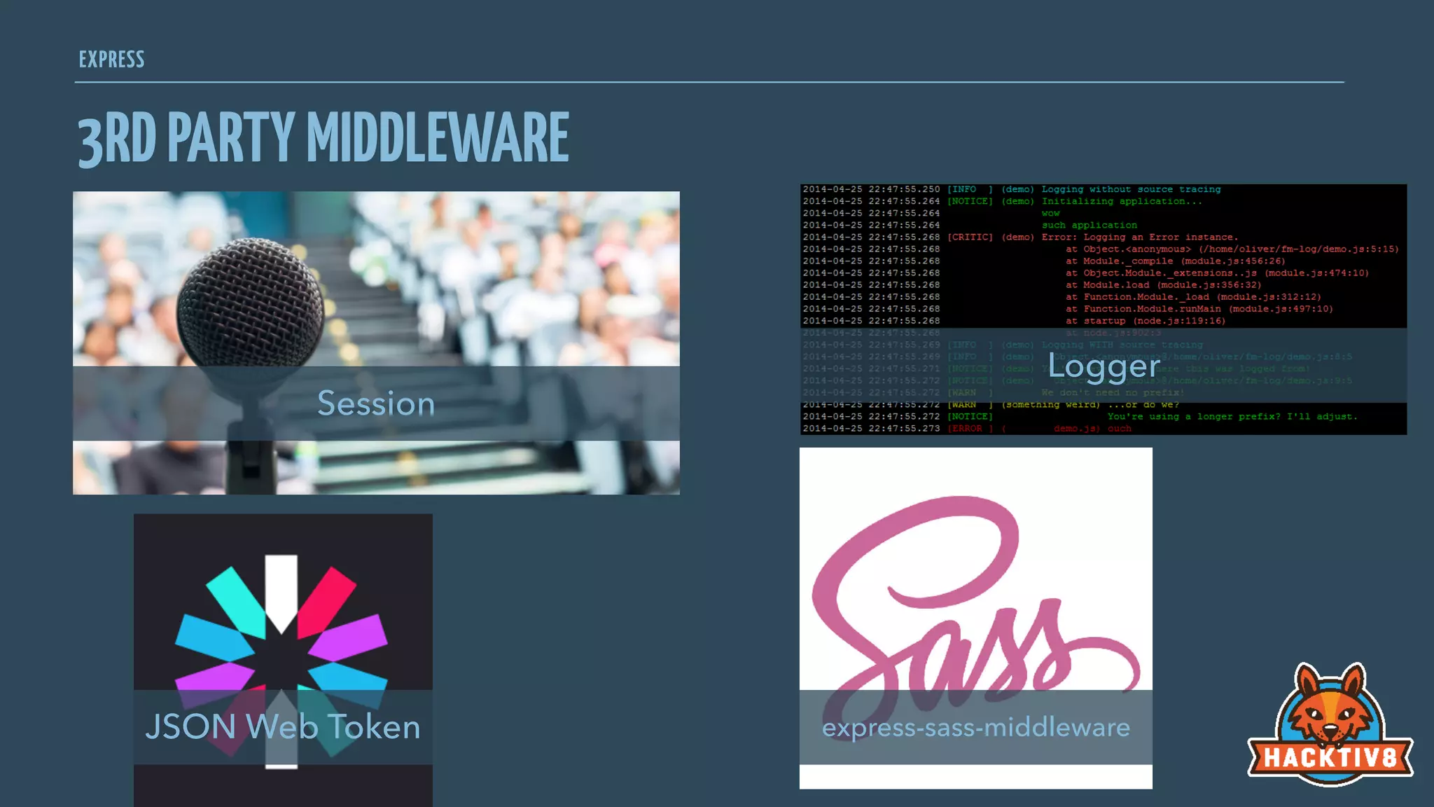 EXPRESS
3RDPARTYMIDDLEWARE
Session
Logger
JSON Web Token express-sass-middleware
 